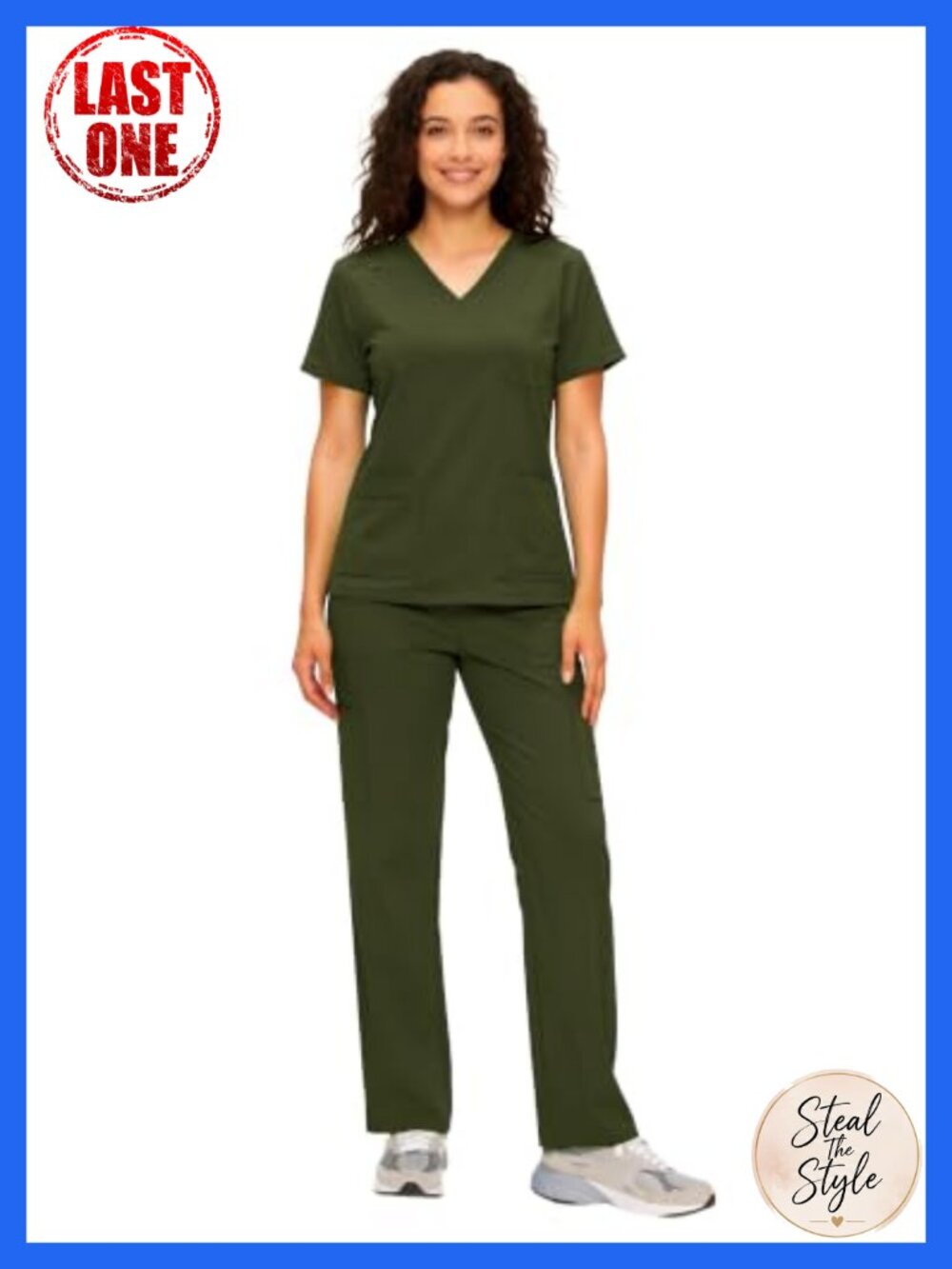 V-Neck Scrub Top & Cargo Straight Pants Set 12 Pockets 4 Way Stretch